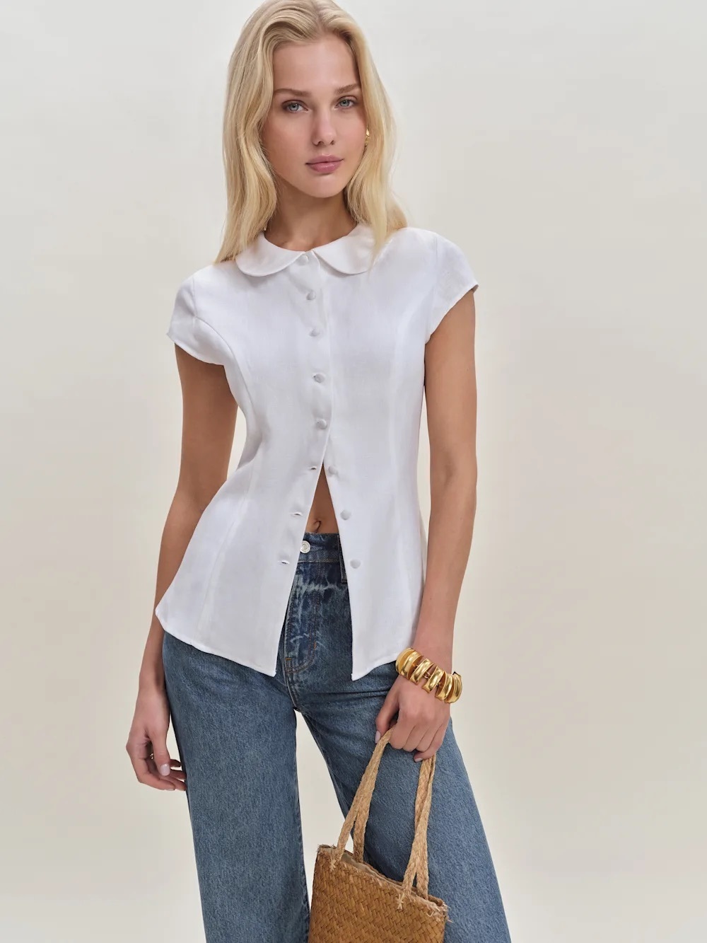 NEW Reformation Molly White Linen Short-Sleeve Button Front Top Shirt US 6 UK 10